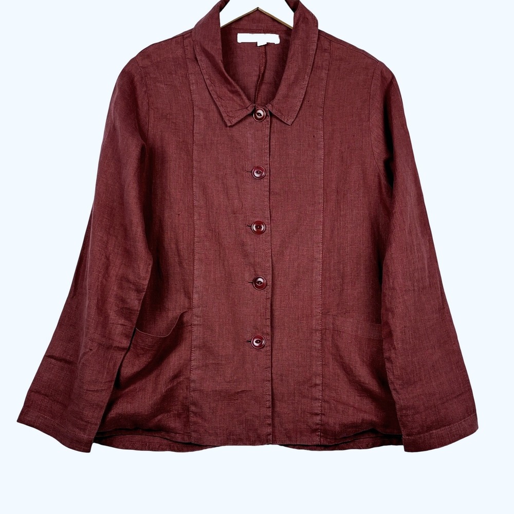 Flax Women Linen ButtonUp Tunic Jacket Sz S Burgundy Lagenlook Oversized Minimal